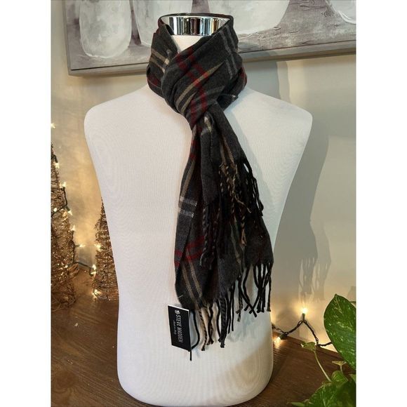 NWT Steve Madden Mid Weight Charcoal Grey Red Gold Plaid Muffler Scarf - Picture 2 of 5